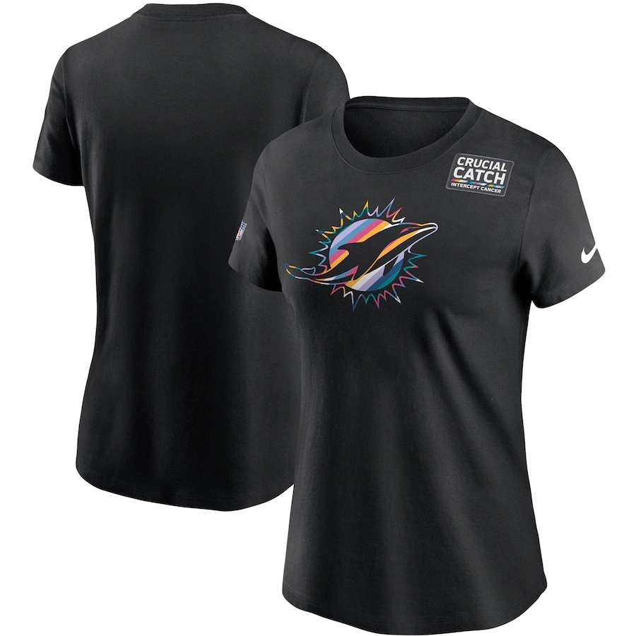 Women's Miami Dolphins 2020 Black Sideline Crucial Catch Performance T-Shirt(Run Small)